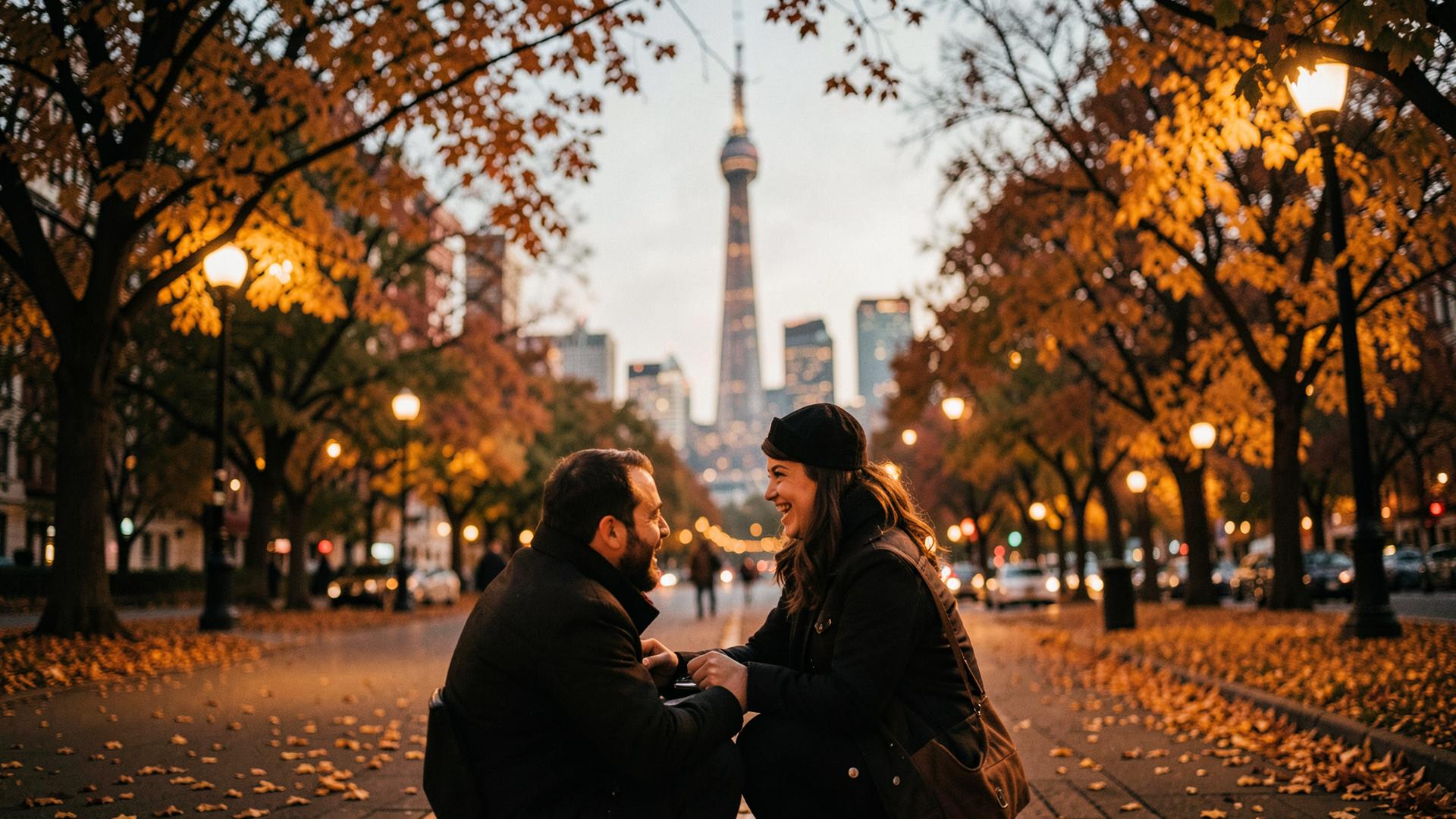 Couple watching the sunset over the Toronto skyline